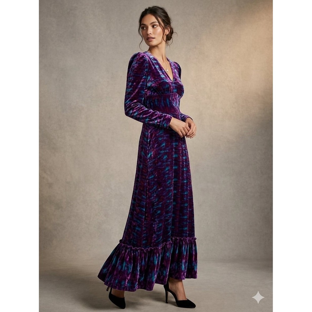 COLORFUL VINTAGE 1970'S PAINTED Velour VELVET MAXI DRESS  Purple Blue Handmade